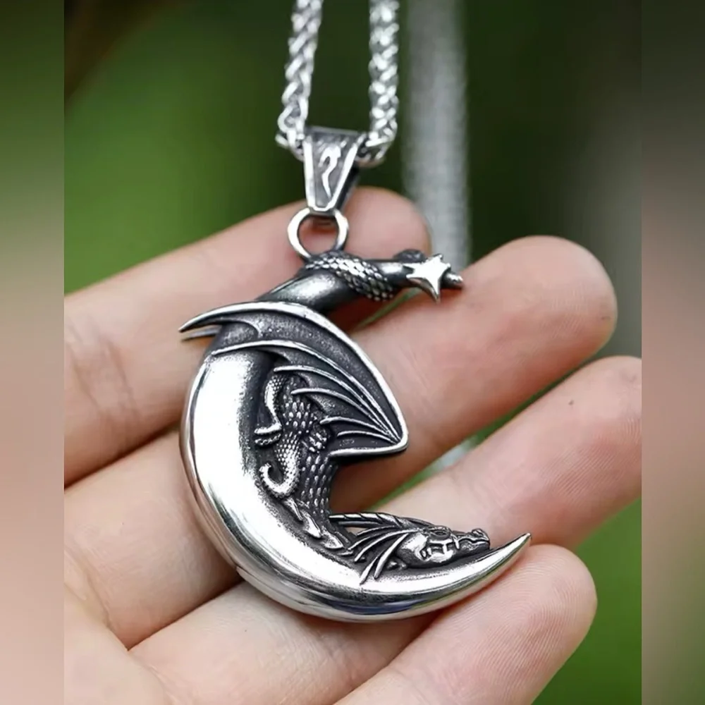925 Sterling Silver Dragon Sleeping On Moon NO FADE Necklace Viking Biker Goth